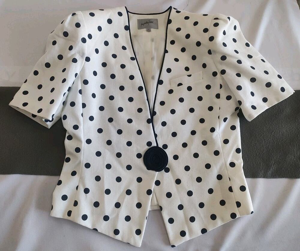 Jacqueline Ferrar White Polka Dot Blazer Jacket Career Minimalist 14
